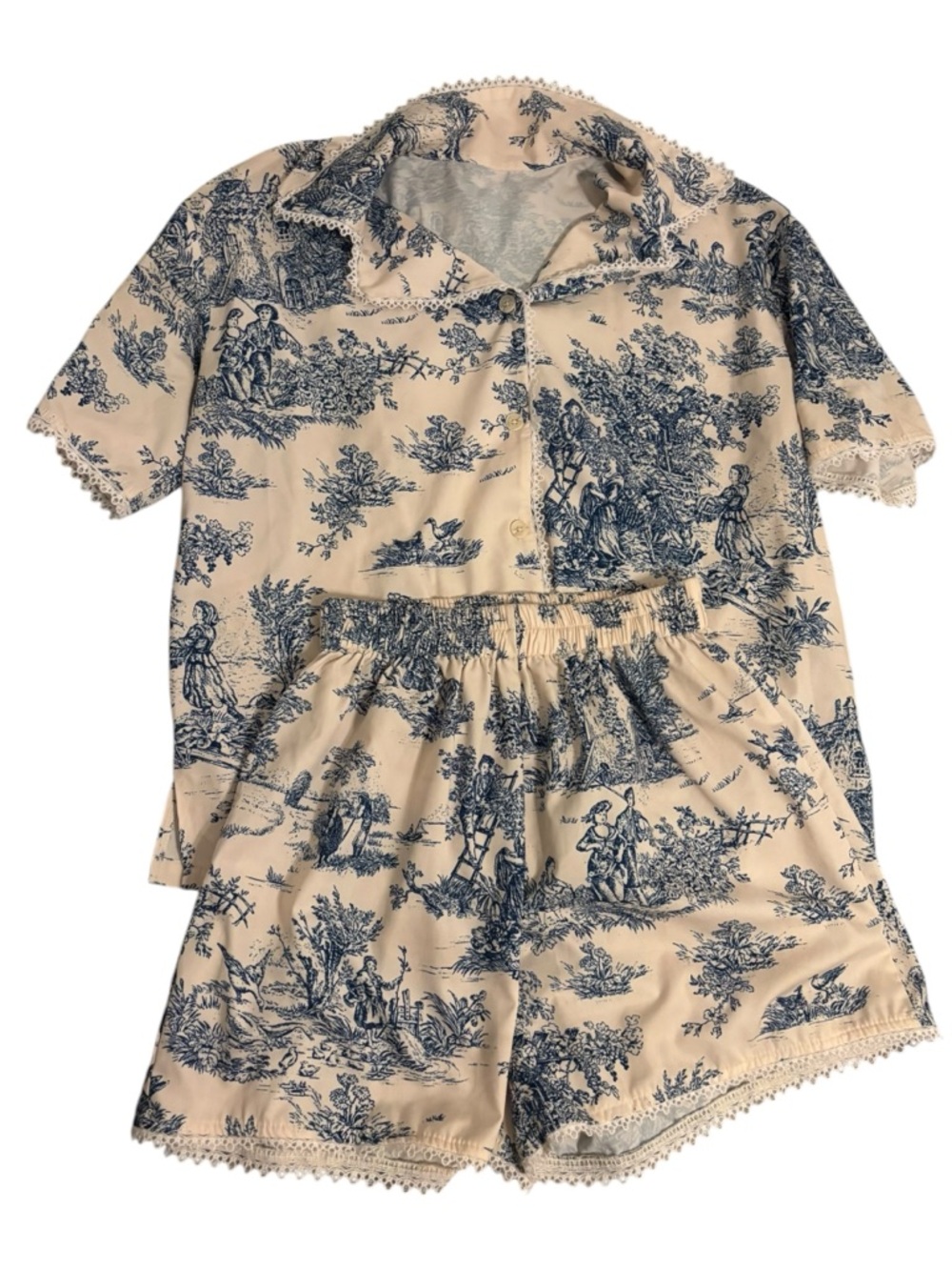 Cider Toile Print Pajama Set Cream Blue Size M Cottagecore Coquette Loungewear